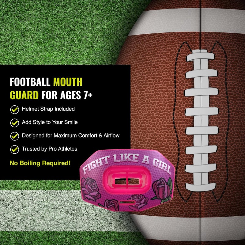 DAMAGE CONTROL Youth Football Mouth Guard – Breathable No Boil Mouthpiece, Protects Lips & Teeth, Works with Braces, Includes Helmet Strap – Sports Gear & Accessories (Fight Like Girl) - Image 4